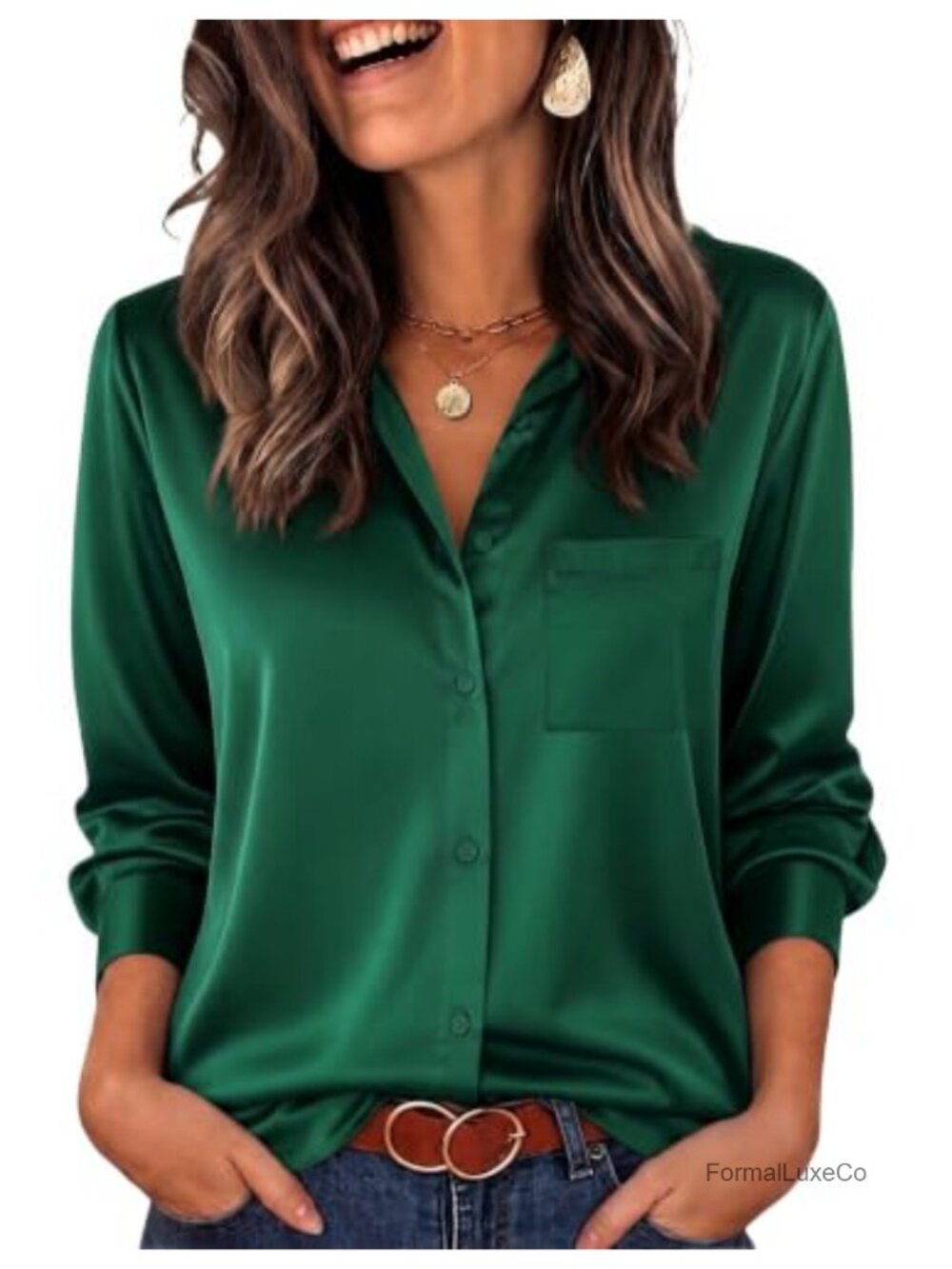 Women's Satin Button-Down Blouse Long Sleeve V-Neck Dressy Casual